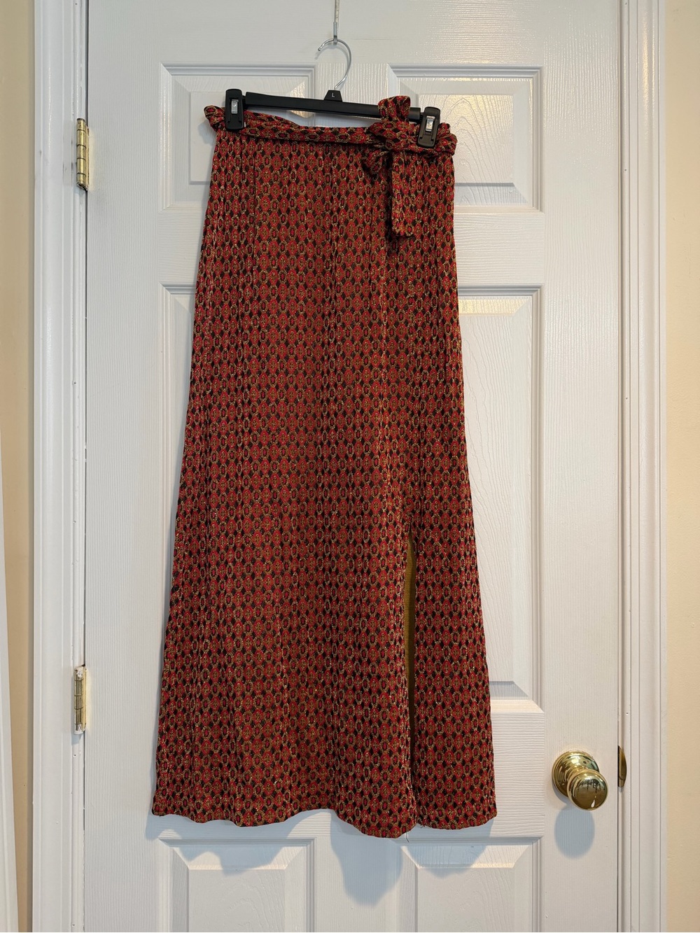 VTG Bohemian Red Patterned Maxi Skirt with Waist Tie